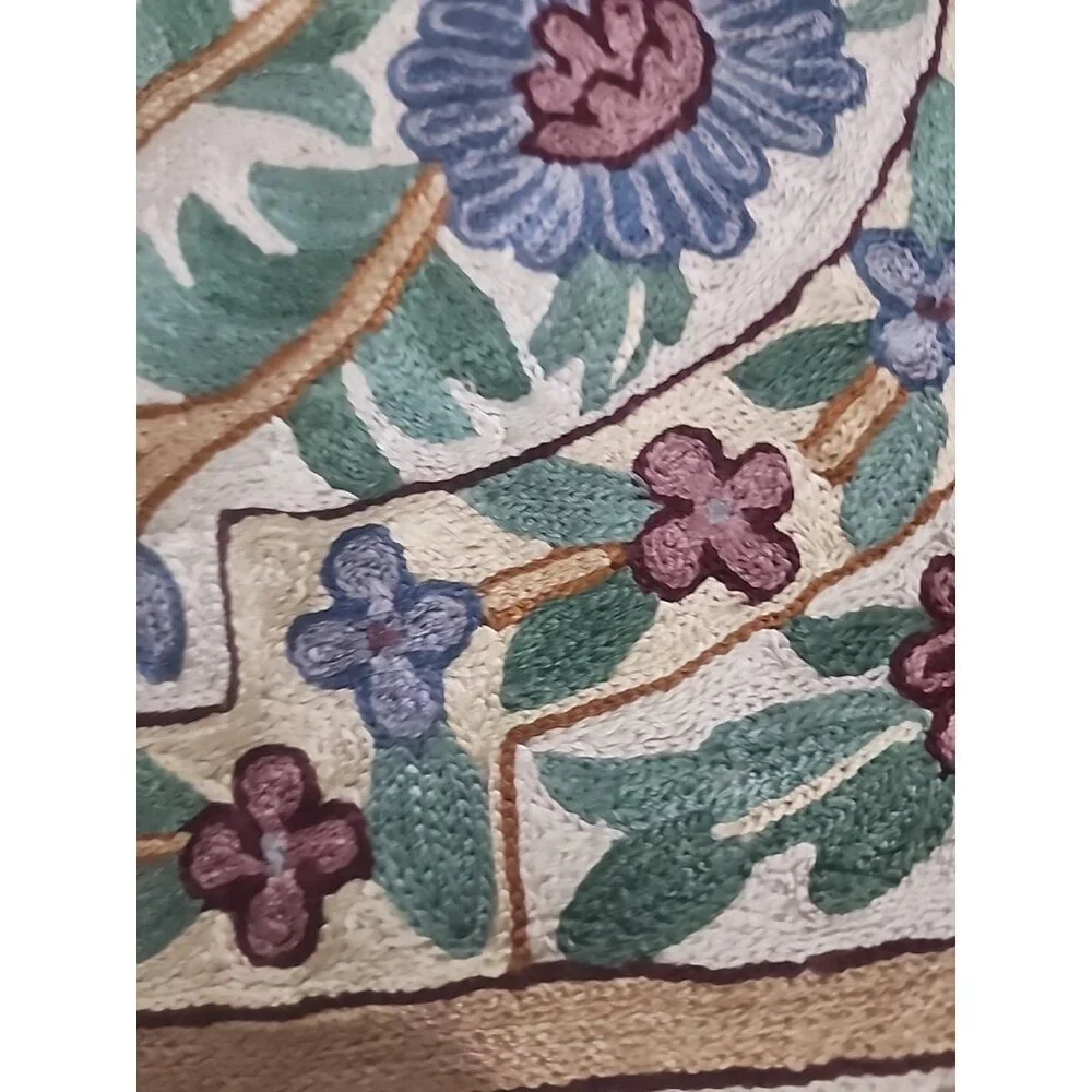 Vintage Kashmiri Crewel Chain Stitch Floral Rug Wall Hanging Boho 2 x 3 Tapestry